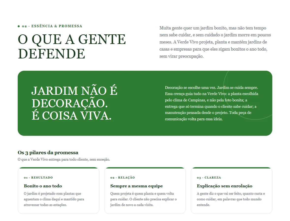 A mesma seção preenchida para a marca fictícia Verde Vivo Paisagismo