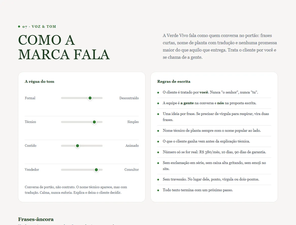 Seção Voz e Tom preenchida para a marca fictícia Verde Vivo