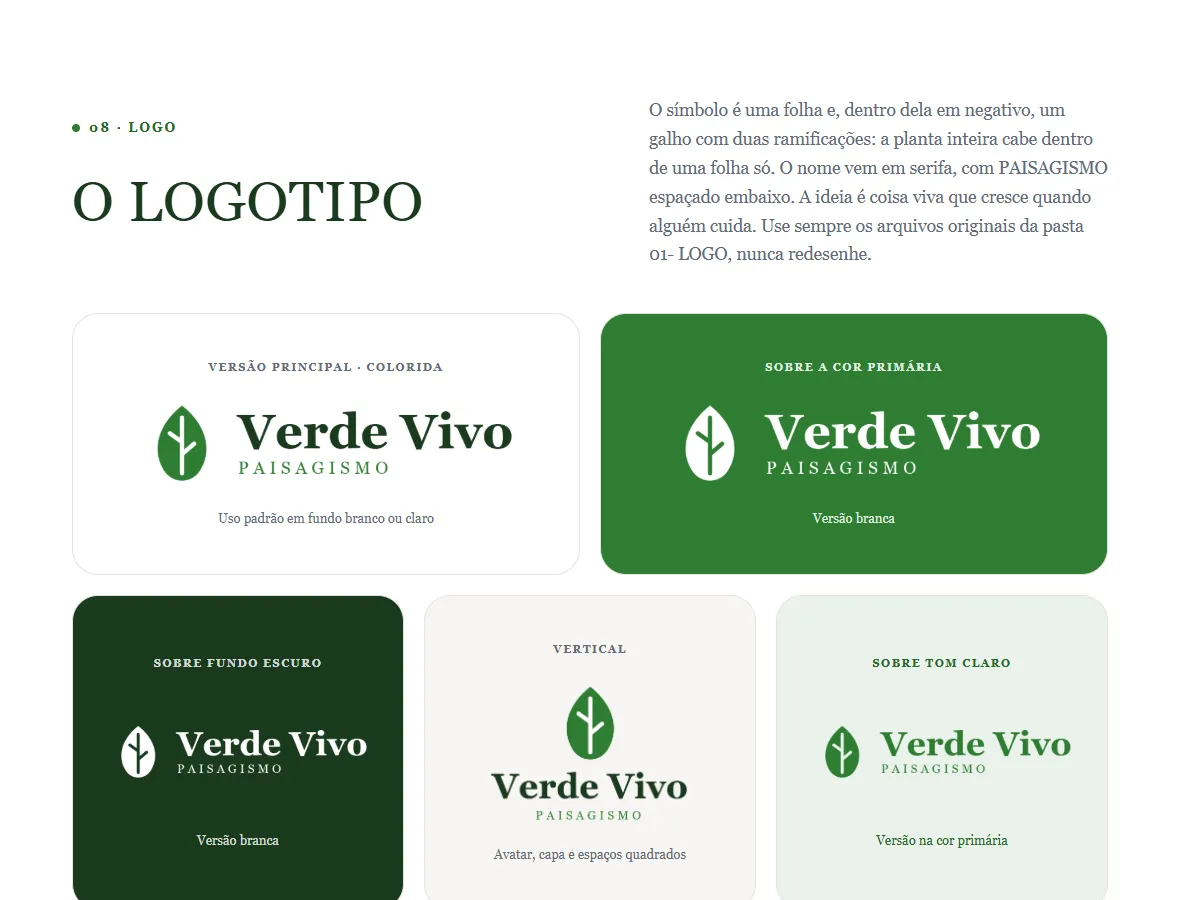 Seção Logo preenchida para a marca fictícia Verde Vivo