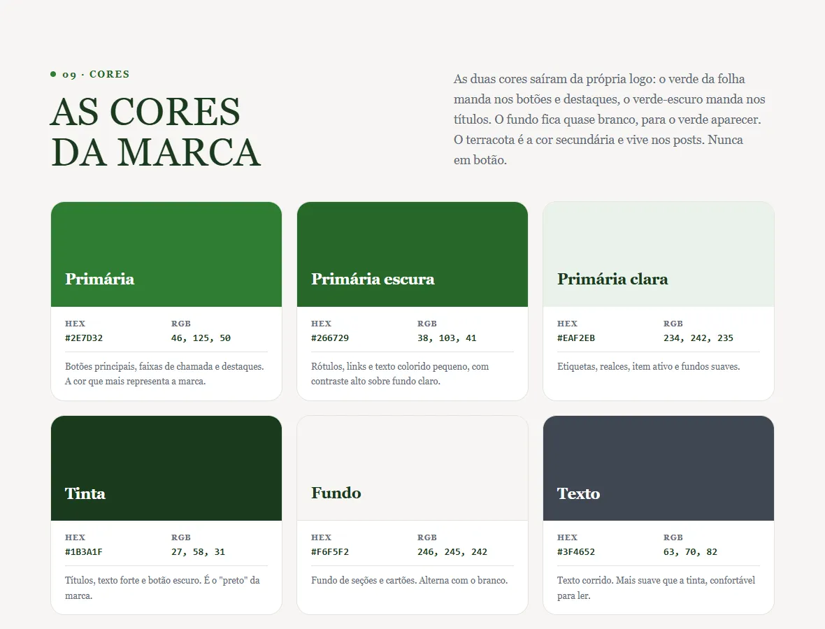 Seção Cores preenchida para a marca fictícia Verde Vivo