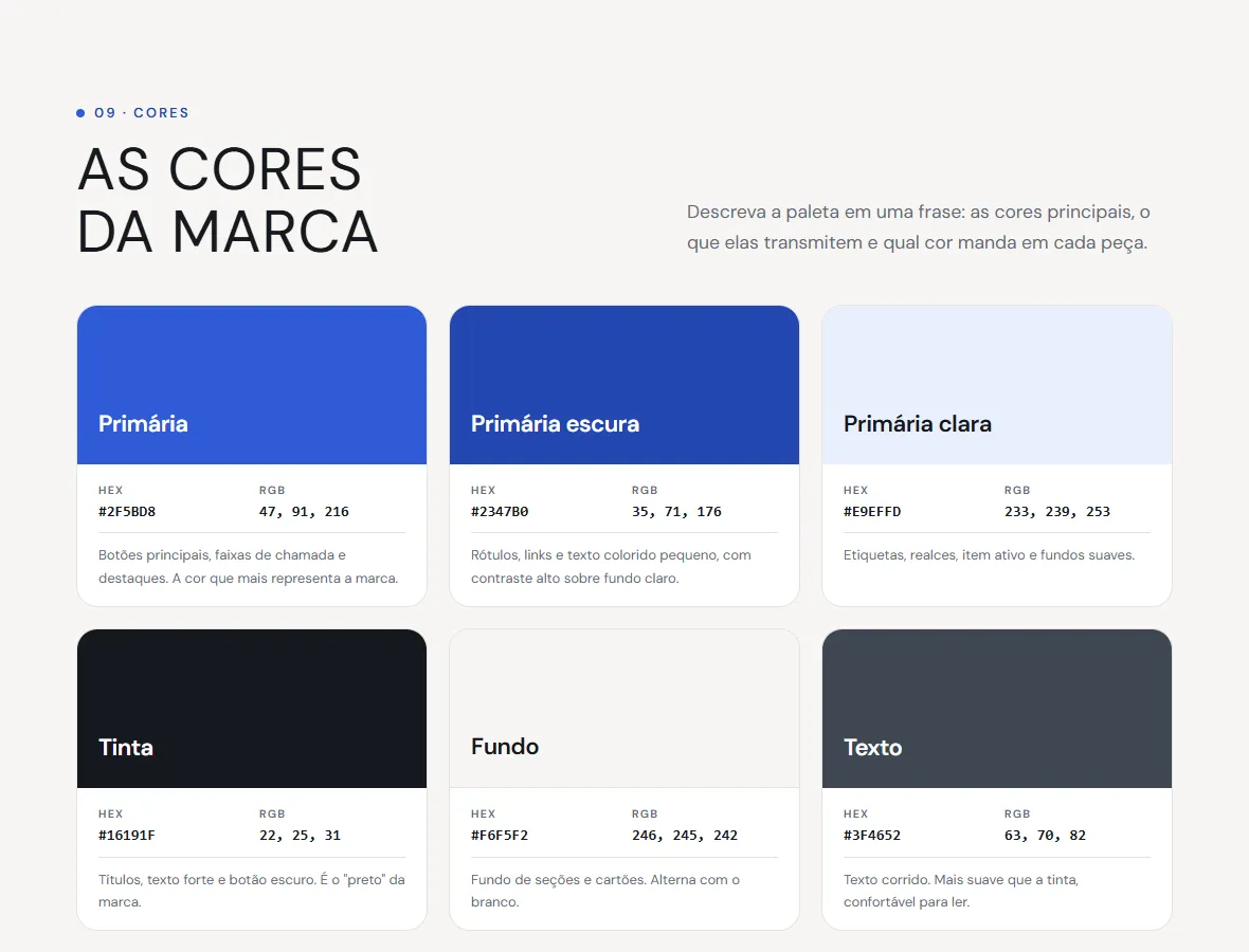 Topo da seção Cores do template